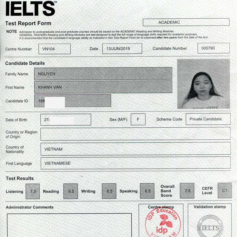 Học viên Nguyễn Khánh Vân 7.5 IELTS