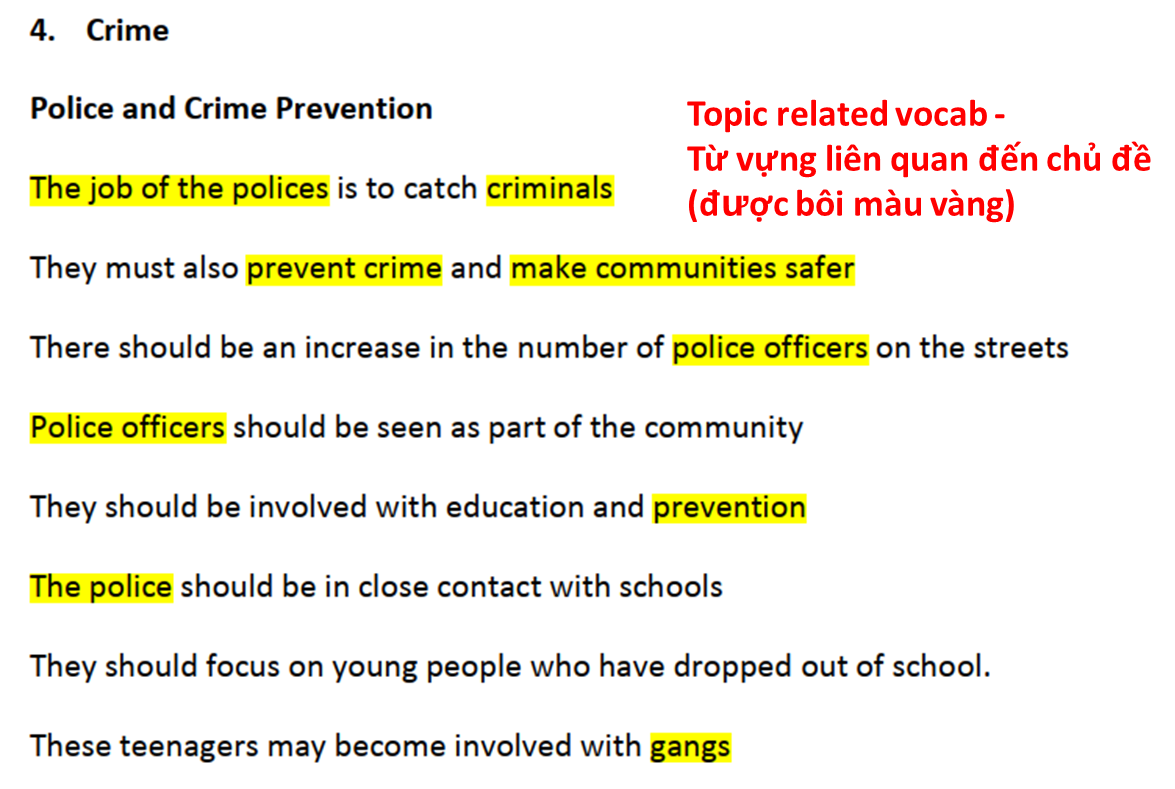 chủ đề Tội phạm (Crime), các ý tưởng được đưa ra đều có những từ vựng liên quan đến chủ đề.