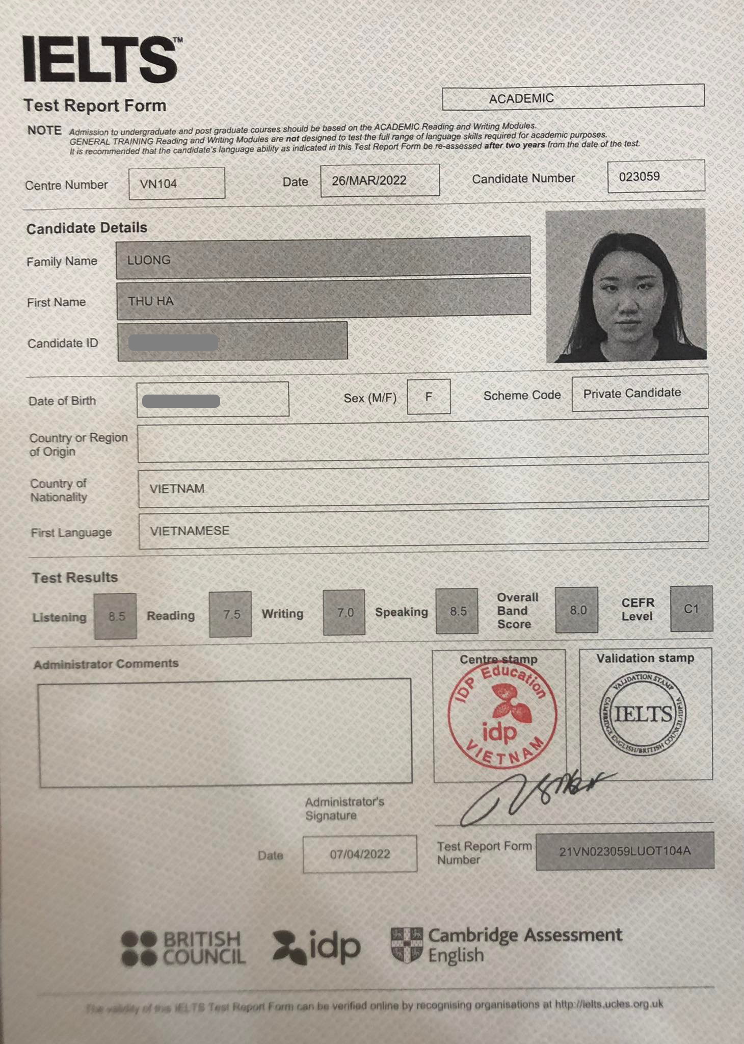 Học viên Lương Thu Hà 8.0 IELTS