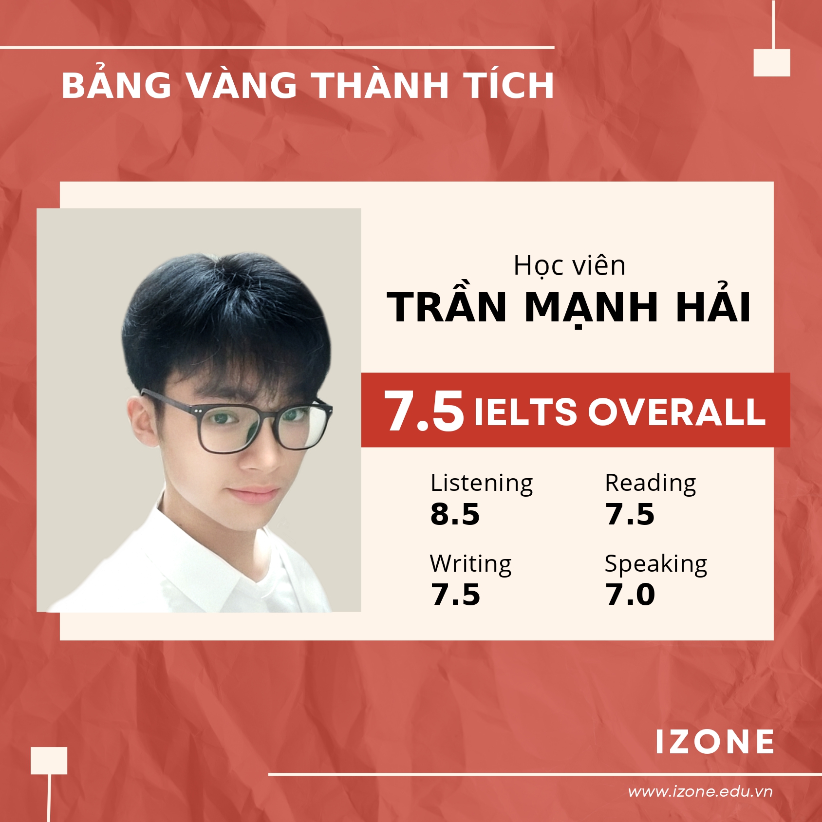 Học viên Trần Mạnh Hải 7.5 IELTS