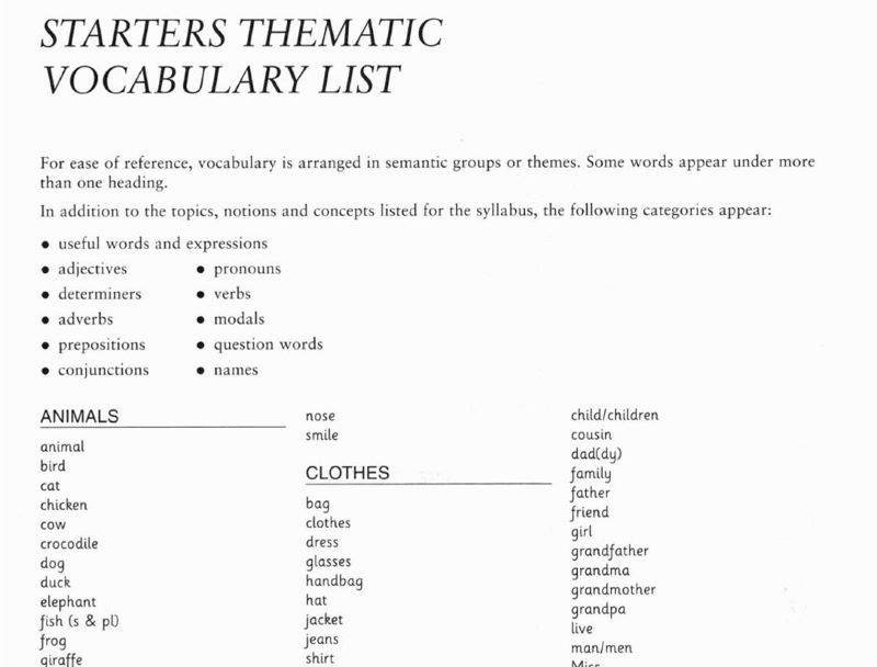 Bố cục bộ sách Starter Cambridge: Phần key, vocabulary