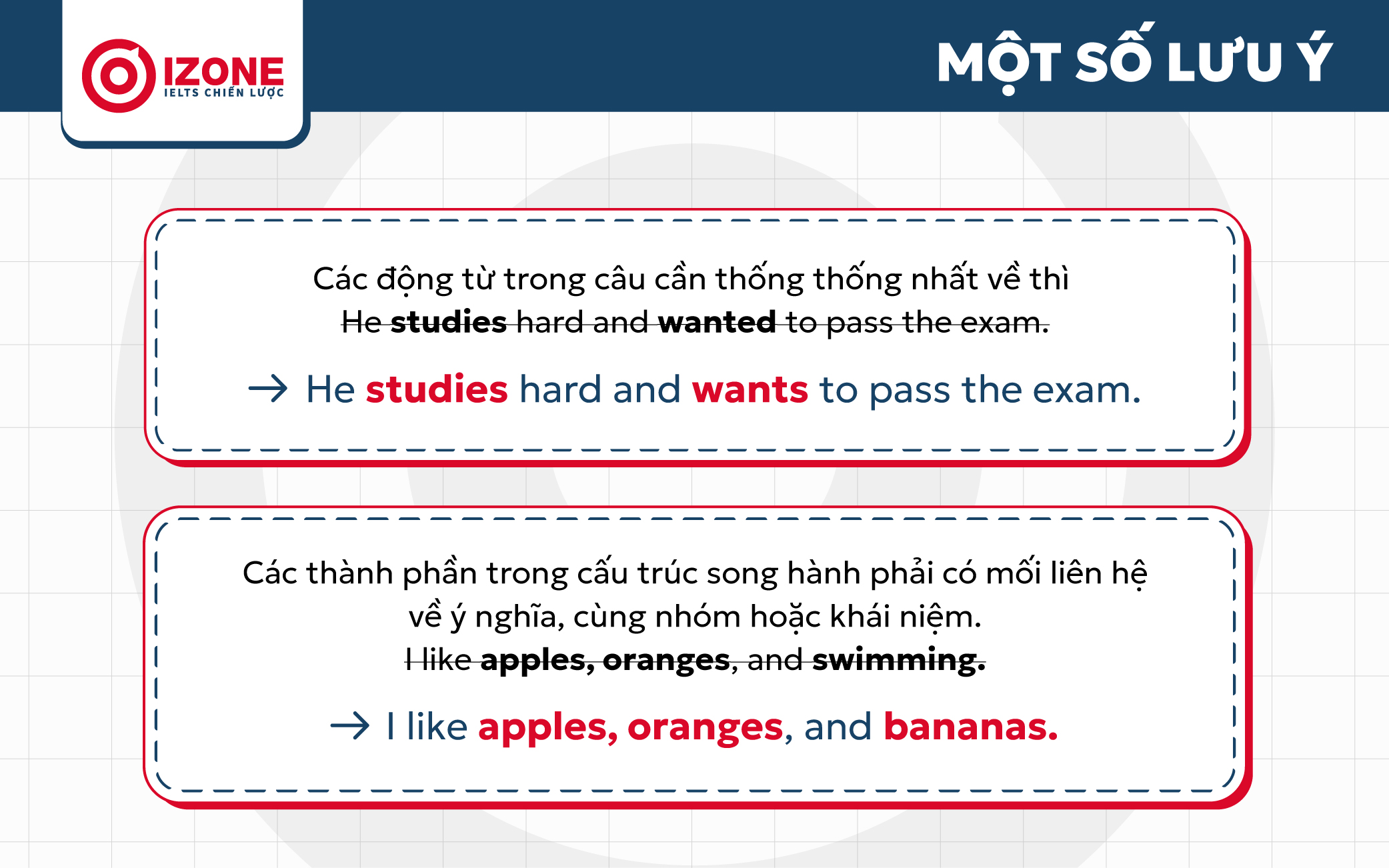 Ví dụ về cách sử dụng cấu trúc song hành đúng trong tiếng Anh