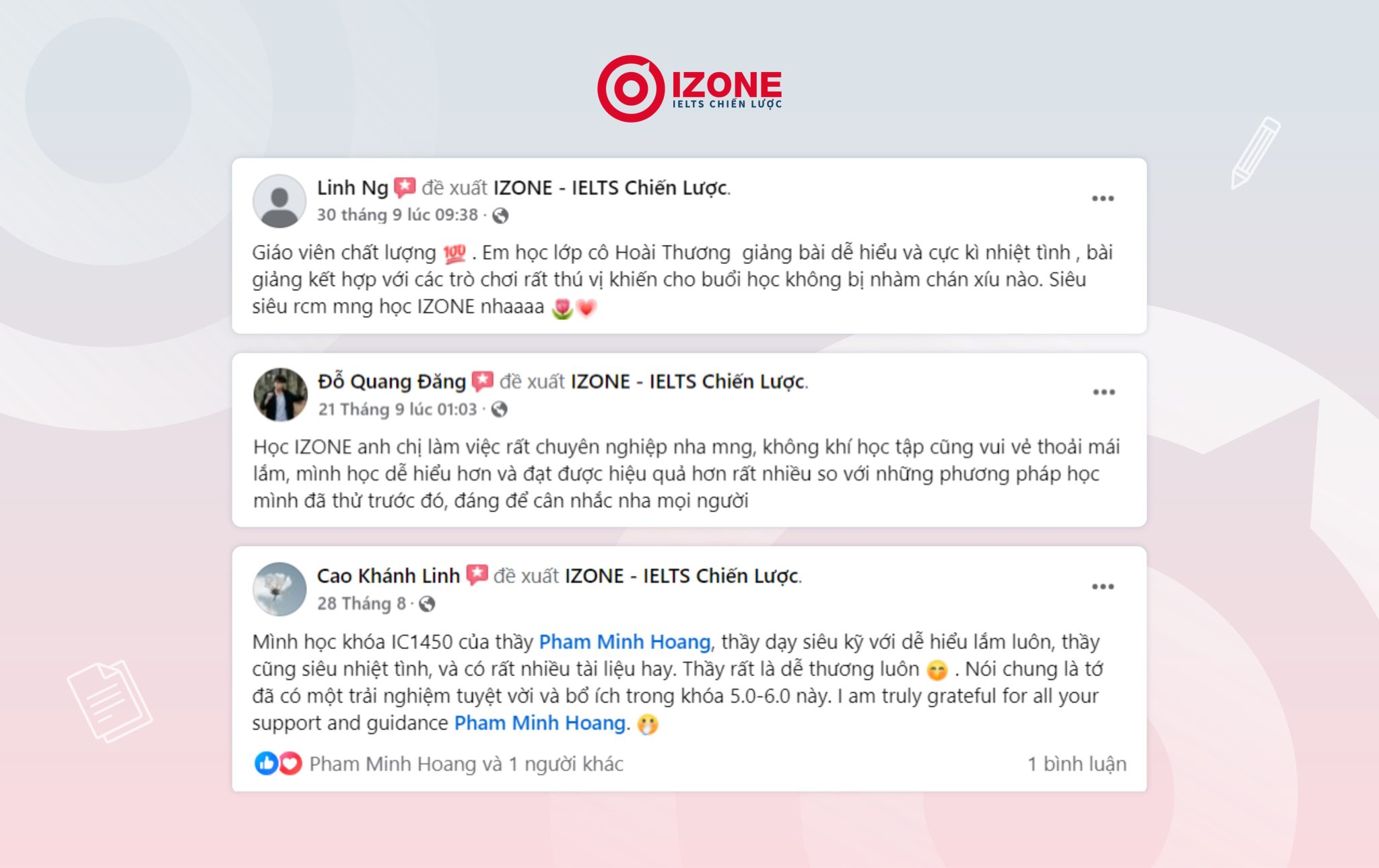 Đánh giá của học viên theo học các khóa học IELTS cơ bản tại IZONE