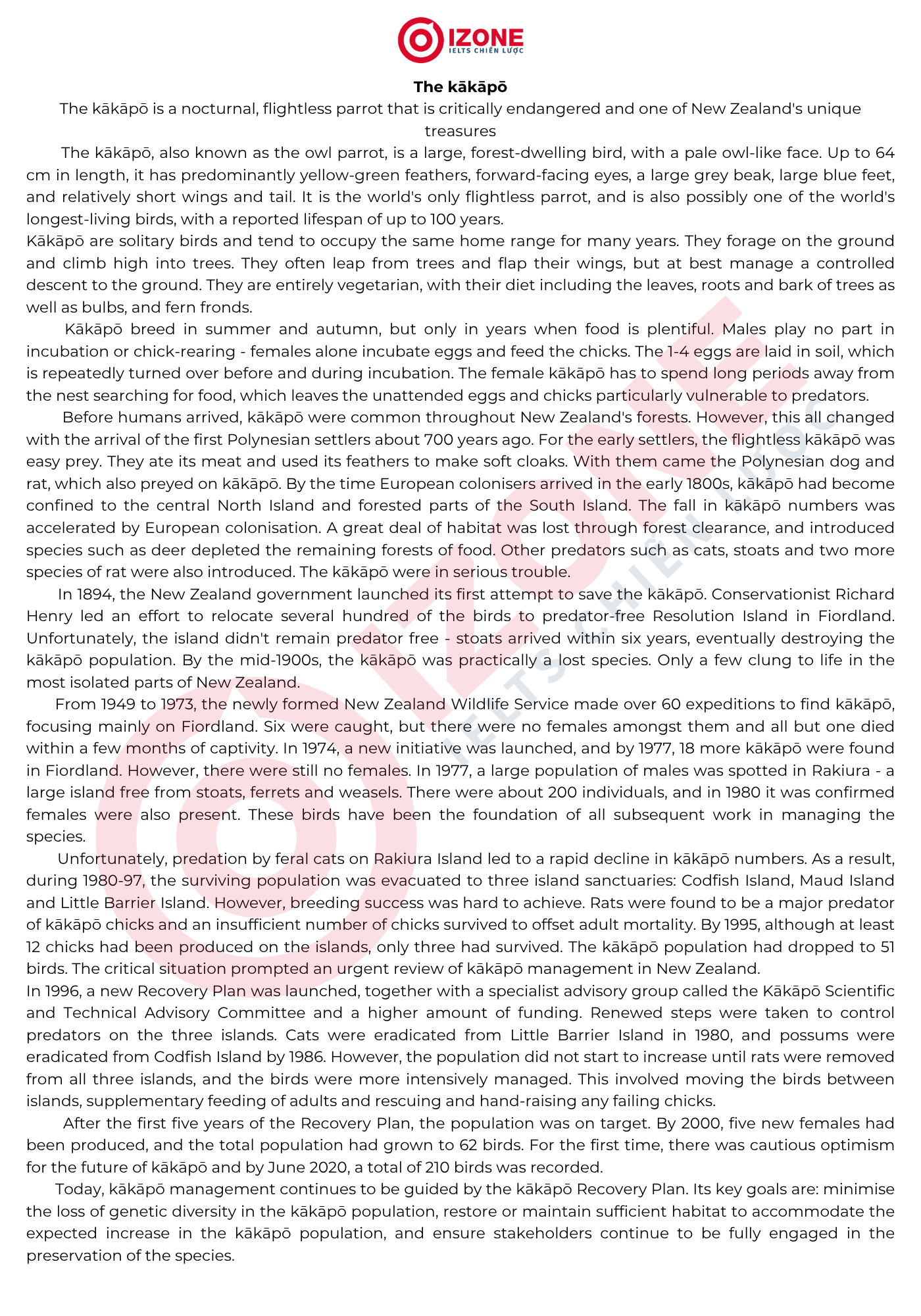 Bài đọc IELTS Cambridge 20 Test 1 - Reading Passage 1: The Kākāpō