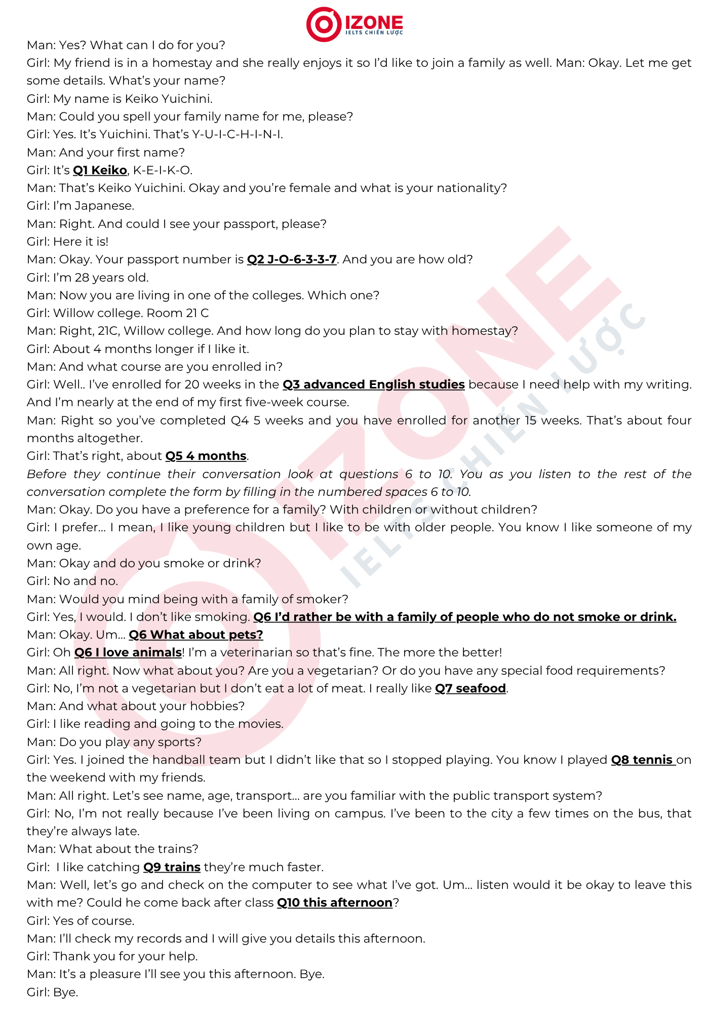 Personal details for homestay application IELTS Listening