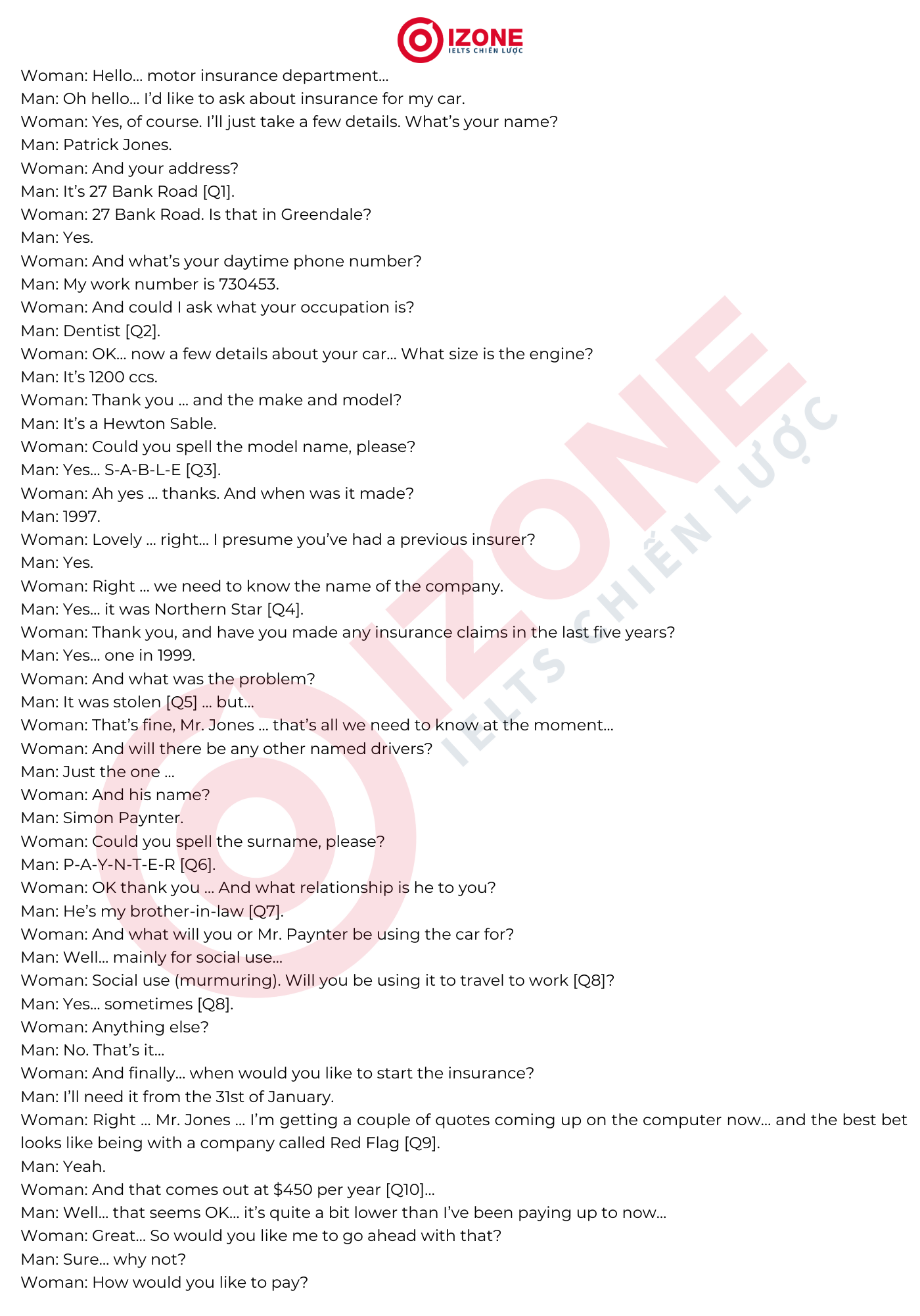 Car insurance IELTS Listening Answer