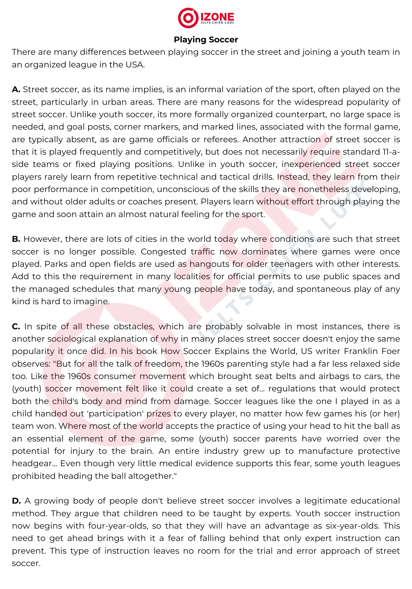 Playing Soccer IELTS Reading