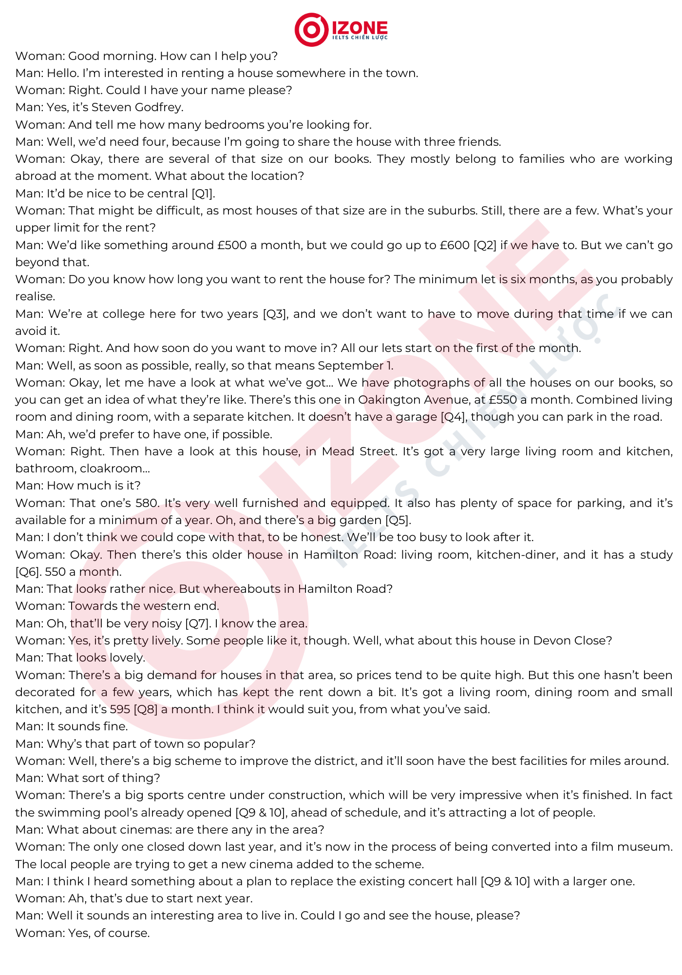 Rented properties customer’s requirements IELTS Listening