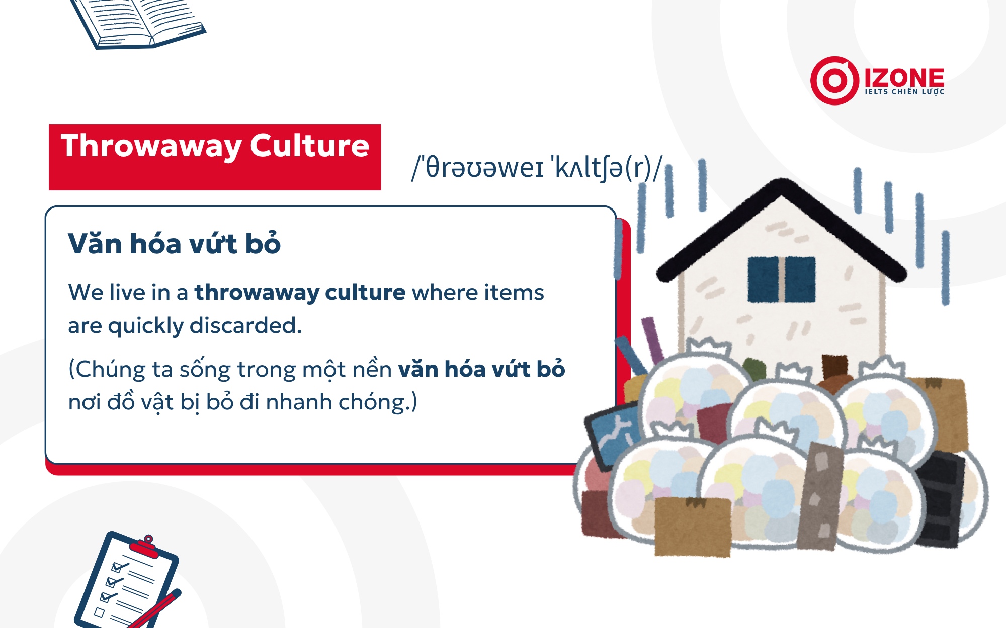Văn hoá vứt bỏ tiếng Anh là Thowaway Culture trong chủ đề Rác thải & tiêu dùng quá mức - Throw Away Society