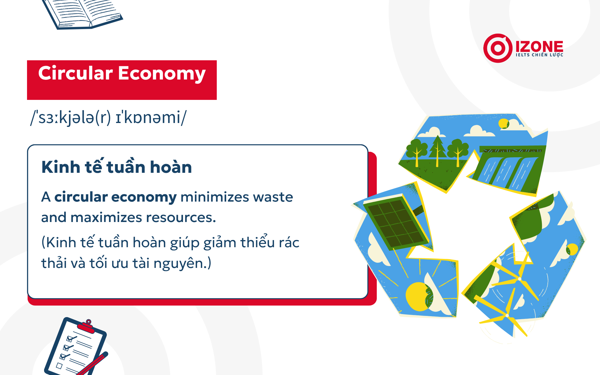 Trong tiếng Anh, Circular Economy có nghĩa là "kinh tế tuần hoàn"