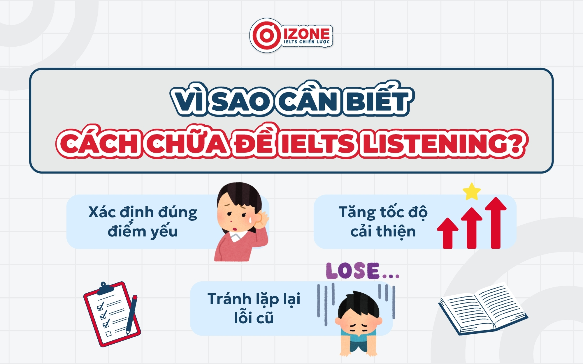 Lợi ích của việc chữa đề IELTS Listening gồm xác định điểm yếu, tăng tốc độ cải thiện và tránh lặp lại lỗi cũ