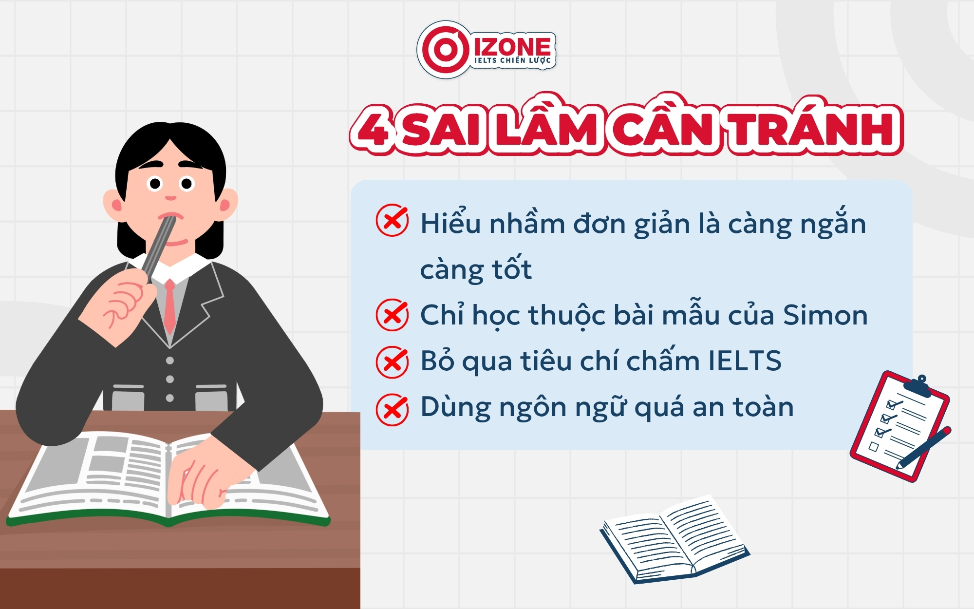 Những sai lầm cần tránh khi áp dụng phương pháp Simon gồm học thuộc bài mẫu, viết quá ngắn và bỏ qua tiêu chí chấm IELTS.